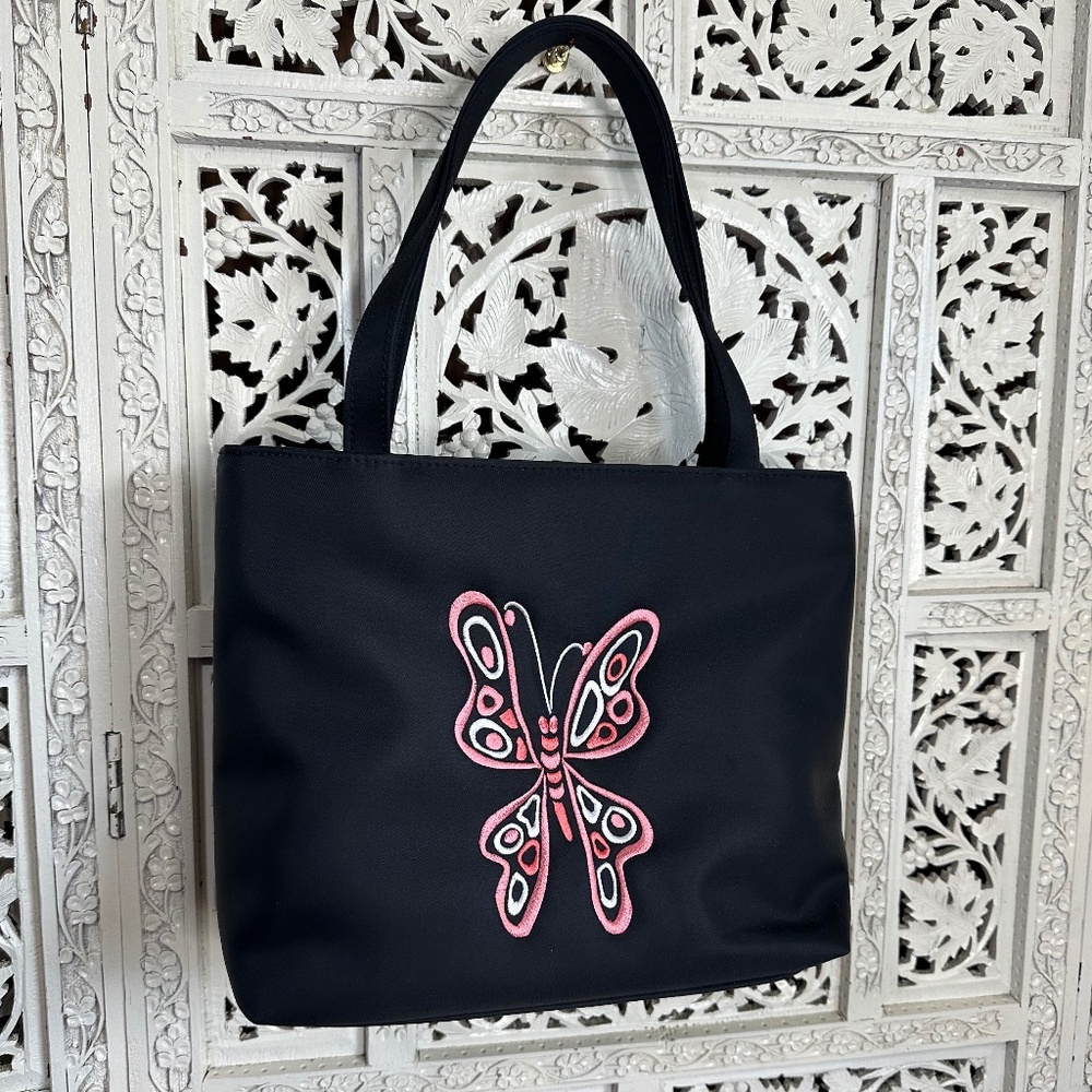 Bob Mackie Wearable Art Embroidered Pink & Black Butterfly Small Tote Bag‎
